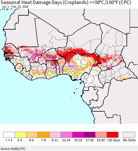 Western Africa Seasonal Heat Damage Days (Croplands) >=38°C/100°F (CPC) Thematic Map For 7/1/2023 - 2/20/2024