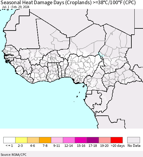 Western Africa Seasonal Heat Damage Days (Croplands) >=38°C/100°F (CPC) Thematic Map For 7/1/2023 - 2/29/2024
