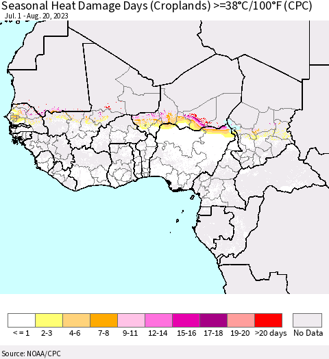 Western Africa Seasonal Heat Damage Days (Croplands) >=38°C/100°F (CPC) Thematic Map For 7/1/2023 - 8/20/2023