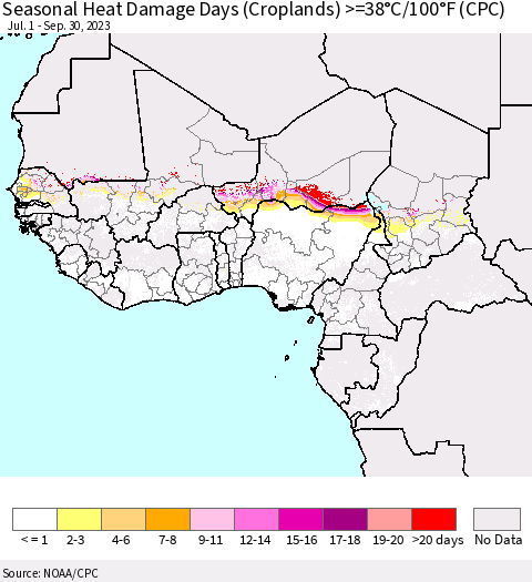 Western Africa Seasonal Heat Damage Days (Croplands) >=38°C/100°F (CPC) Thematic Map For 7/1/2023 - 9/30/2023