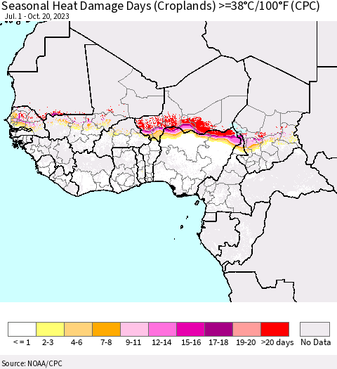 Western Africa Seasonal Heat Damage Days (Croplands) >=38°C/100°F (CPC) Thematic Map For 7/1/2023 - 10/20/2023