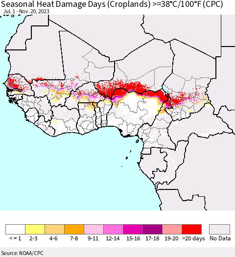 Western Africa Seasonal Heat Damage Days (Croplands) >=38°C/100°F (CPC) Thematic Map For 7/1/2023 - 11/20/2023