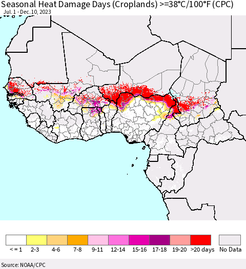 Western Africa Seasonal Heat Damage Days (Croplands) >=38°C/100°F (CPC) Thematic Map For 7/1/2023 - 12/10/2023