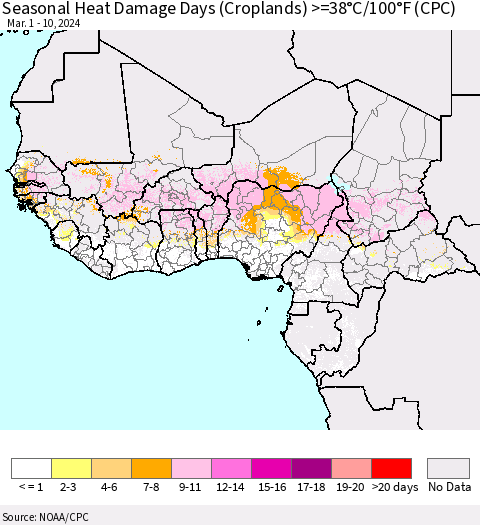 Western Africa Seasonal Heat Damage Days (Croplands) >=38°C/100°F (CPC) Thematic Map For 3/1/2024 - 3/10/2024