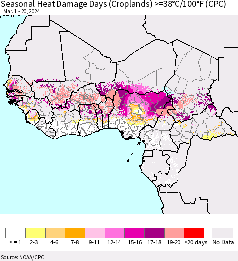 Western Africa Seasonal Heat Damage Days (Croplands) >=38°C/100°F (CPC) Thematic Map For 3/1/2024 - 3/20/2024