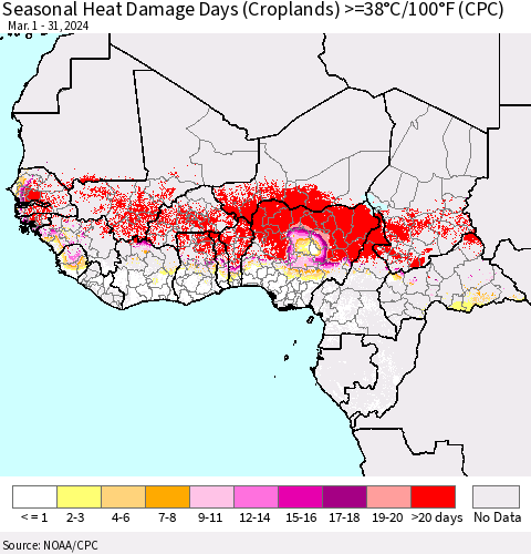Western Africa Seasonal Heat Damage Days (Croplands) >=38°C/100°F (CPC) Thematic Map For 3/1/2024 - 3/31/2024