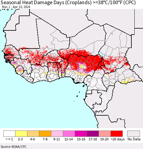 Western Africa Seasonal Heat Damage Days (Croplands) >=38°C/100°F (CPC) Thematic Map For 3/1/2024 - 4/10/2024