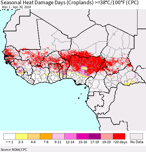 Western Africa Seasonal Heat Damage Days (Croplands) >=38°C/100°F (CPC) Thematic Map For 3/1/2024 - 4/30/2024