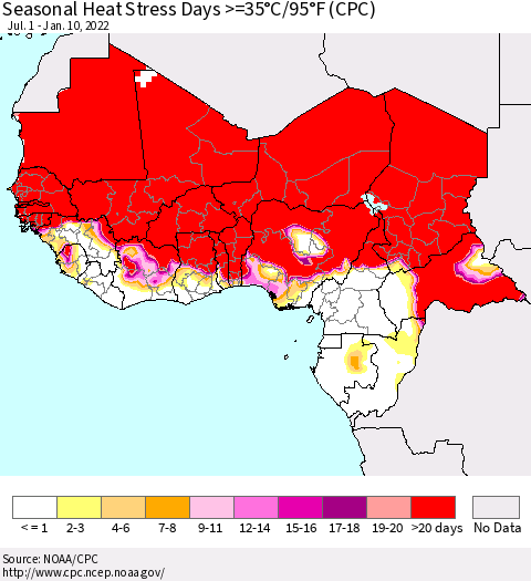 Western Africa Seasonal Heat Stress Days >=35°C/95°F (CPC) Thematic Map For 7/1/2021 - 1/10/2022