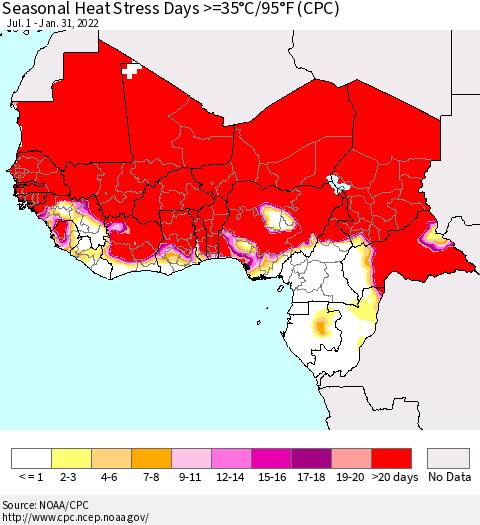 Western Africa Seasonal Heat Stress Days >=35°C/95°F (CPC) Thematic Map For 7/1/2021 - 1/31/2022