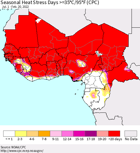 Western Africa Seasonal Heat Stress Days >=35°C/95°F (CPC) Thematic Map For 7/1/2021 - 2/20/2022