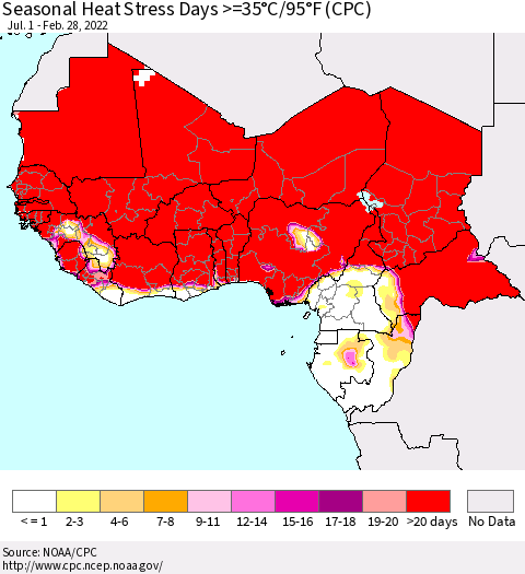 Western Africa Seasonal Heat Stress Days >=35°C/95°F (CPC) Thematic Map For 7/1/2021 - 2/28/2022