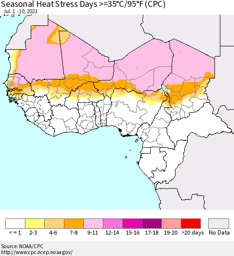 Western Africa Seasonal Heat Stress Days >=35°C/95°F (CPC) Thematic Map For 7/1/2021 - 7/10/2021