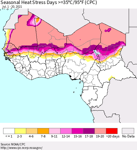 Western Africa Seasonal Heat Stress Days >=35°C/95°F (CPC) Thematic Map For 7/1/2021 - 7/20/2021