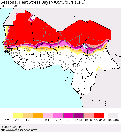 Western Africa Seasonal Heat Stress Days >=35°C/95°F (CPC) Thematic Map For 7/1/2021 - 7/31/2021
