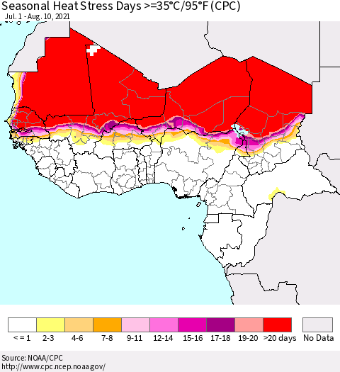 Western Africa Seasonal Heat Stress Days >=35°C/95°F (CPC) Thematic Map For 7/1/2021 - 8/10/2021