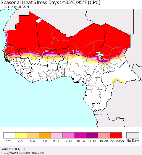Western Africa Seasonal Heat Stress Days >=35°C/95°F (CPC) Thematic Map For 7/1/2021 - 8/31/2021