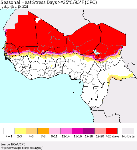 Western Africa Seasonal Heat Stress Days >=35°C/95°F (CPC) Thematic Map For 7/1/2021 - 9/10/2021