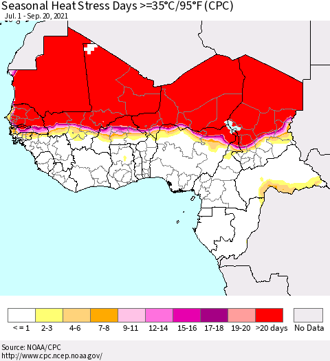 Western Africa Seasonal Heat Stress Days >=35°C/95°F (CPC) Thematic Map For 7/1/2021 - 9/20/2021