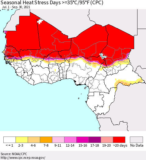 Western Africa Seasonal Heat Stress Days >=35°C/95°F (CPC) Thematic Map For 7/1/2021 - 9/30/2021