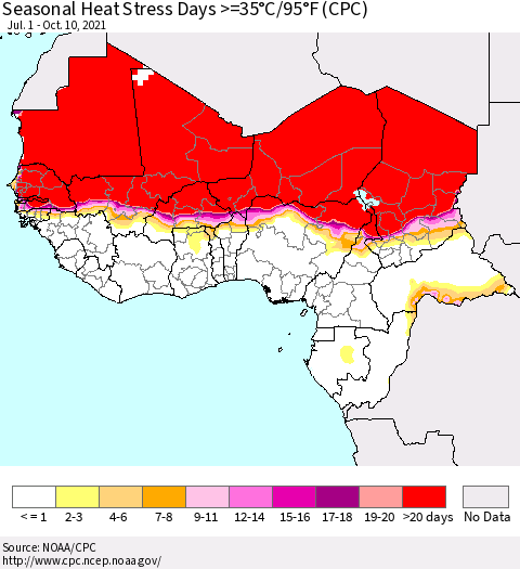 Western Africa Seasonal Heat Stress Days >=35°C/95°F (CPC) Thematic Map For 7/1/2021 - 10/10/2021