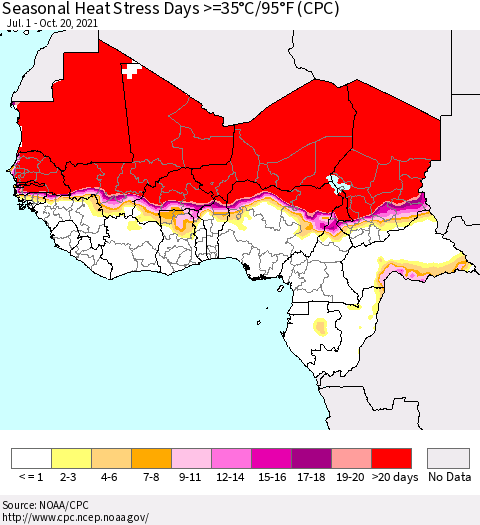 Western Africa Seasonal Heat Stress Days >=35°C/95°F (CPC) Thematic Map For 7/1/2021 - 10/20/2021