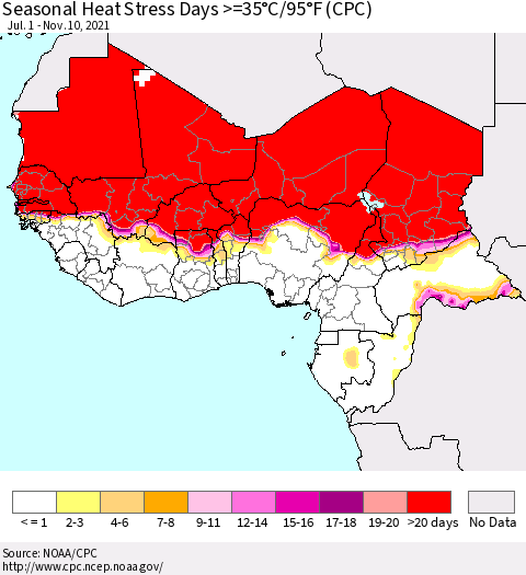 Western Africa Seasonal Heat Stress Days >=35°C/95°F (CPC) Thematic Map For 7/1/2021 - 11/10/2021