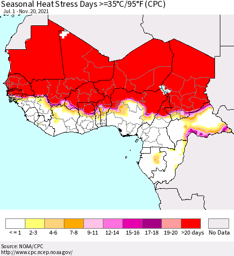 Western Africa Seasonal Heat Stress Days >=35°C/95°F (CPC) Thematic Map For 7/1/2021 - 11/20/2021