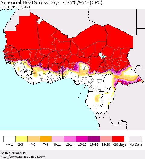 Western Africa Seasonal Heat Stress Days >=35°C/95°F (CPC) Thematic Map For 7/1/2021 - 11/30/2021