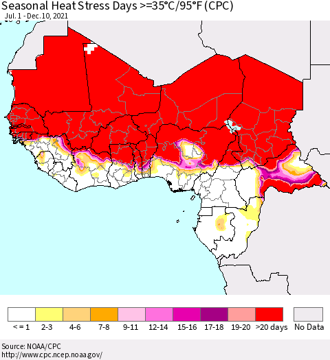 Western Africa Seasonal Heat Stress Days >=35°C/95°F (CPC) Thematic Map For 7/1/2021 - 12/10/2021