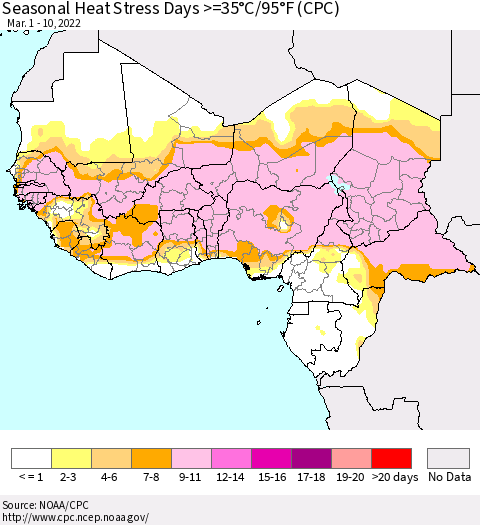Western Africa Seasonal Heat Stress Days >=35°C/95°F (CPC) Thematic Map For 3/1/2022 - 3/10/2022
