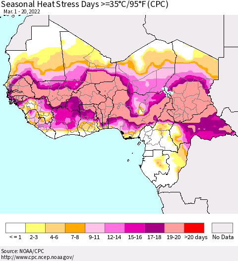 Western Africa Seasonal Heat Stress Days >=35°C/95°F (CPC) Thematic Map For 3/1/2022 - 3/20/2022