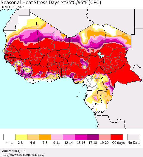 Western Africa Seasonal Heat Stress Days >=35°C/95°F (CPC) Thematic Map For 3/1/2022 - 3/31/2022