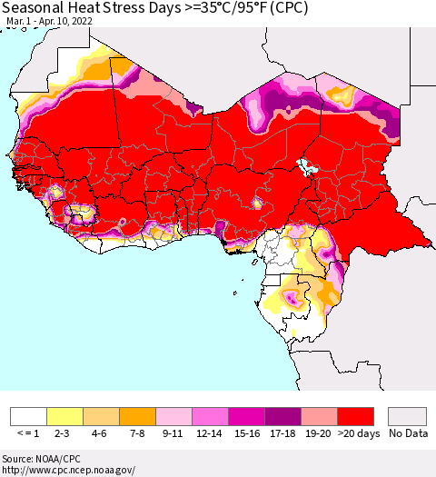 Western Africa Seasonal Heat Stress Days >=35°C/95°F (CPC) Thematic Map For 3/1/2022 - 4/10/2022
