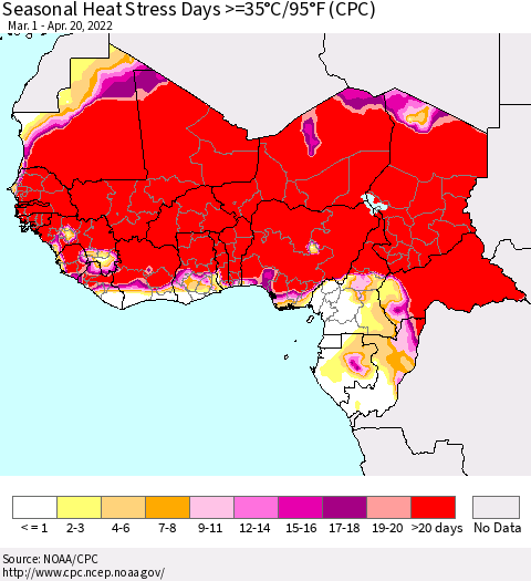 Western Africa Seasonal Heat Stress Days >=35°C/95°F (CPC) Thematic Map For 3/1/2022 - 4/20/2022
