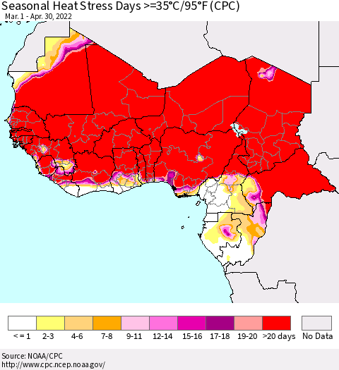 Western Africa Seasonal Heat Stress Days >=35°C/95°F (CPC) Thematic Map For 3/1/2022 - 4/30/2022