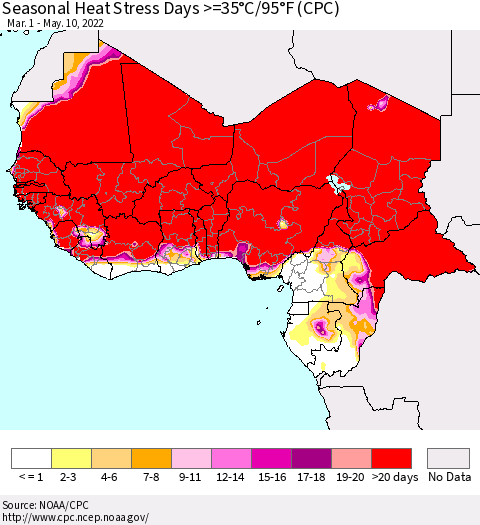 Western Africa Seasonal Heat Stress Days >=35°C/95°F (CPC) Thematic Map For 3/1/2022 - 5/10/2022