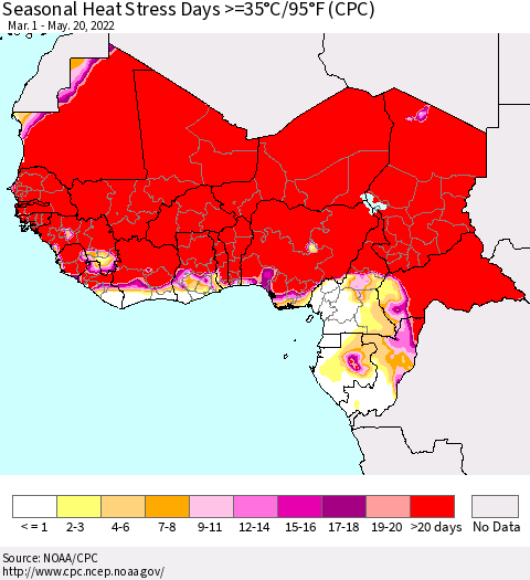 Western Africa Seasonal Heat Stress Days >=35°C/95°F (CPC) Thematic Map For 3/1/2022 - 5/20/2022