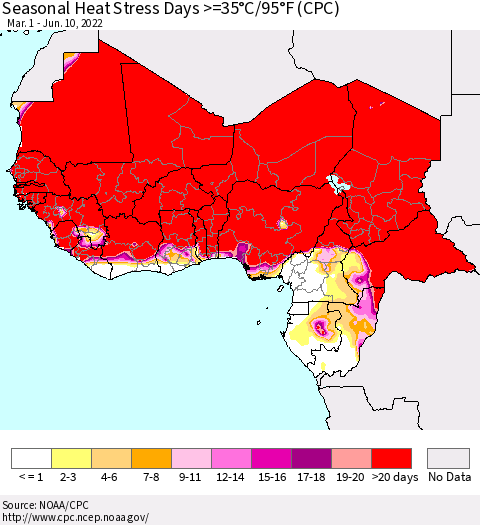 Western Africa Seasonal Heat Stress Days >=35°C/95°F (CPC) Thematic Map For 3/1/2022 - 6/10/2022