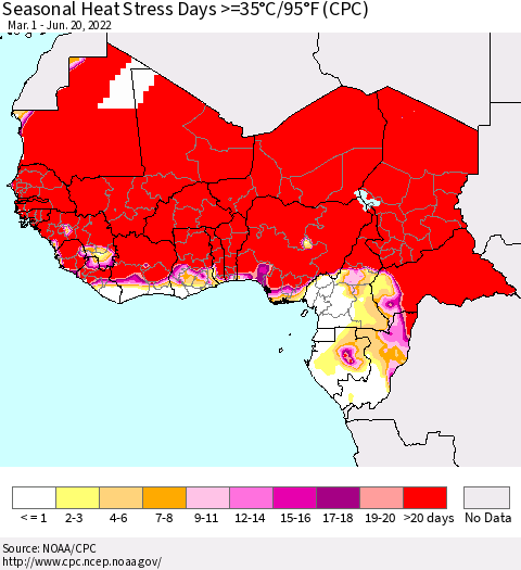 Western Africa Seasonal Heat Stress Days >=35°C/95°F (CPC) Thematic Map For 3/1/2022 - 6/20/2022
