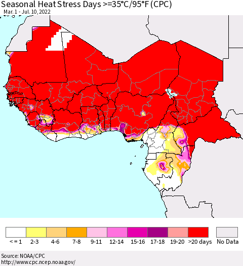 Western Africa Seasonal Heat Stress Days >=35°C/95°F (CPC) Thematic Map For 3/1/2022 - 7/10/2022