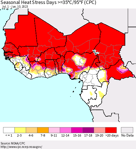 Western Africa Seasonal Heat Stress Days >=35°C/95°F (CPC) Thematic Map For 7/1/2022 - 1/10/2023