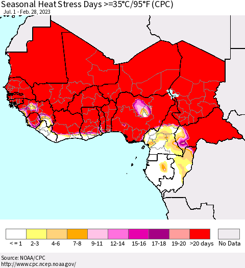 Western Africa Seasonal Heat Stress Days >=35°C/95°F (CPC) Thematic Map For 7/1/2022 - 2/28/2023