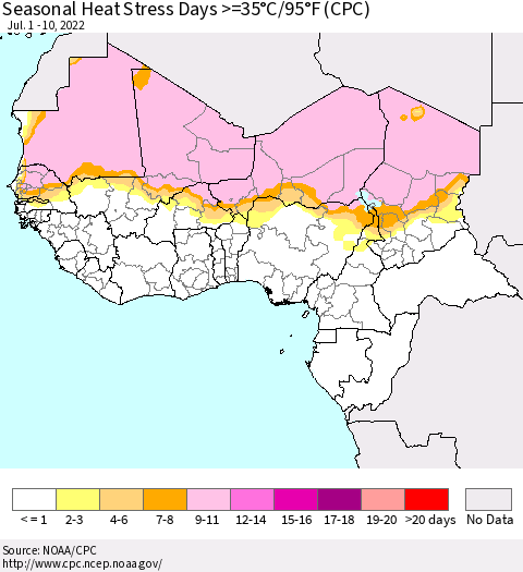Western Africa Seasonal Heat Stress Days >=35°C/95°F (CPC) Thematic Map For 7/1/2022 - 7/10/2022