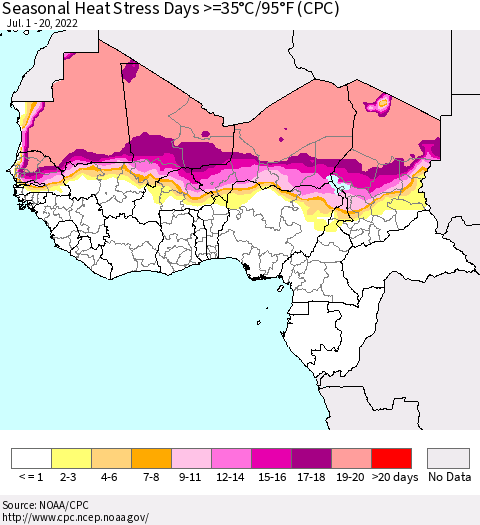 Western Africa Seasonal Heat Stress Days >=35°C/95°F (CPC) Thematic Map For 7/1/2022 - 7/20/2022