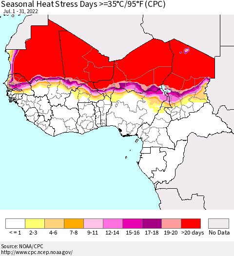 Western Africa Seasonal Heat Stress Days >=35°C/95°F (CPC) Thematic Map For 7/1/2022 - 7/31/2022