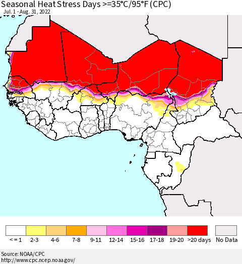 Western Africa Seasonal Heat Stress Days >=35°C/95°F (CPC) Thematic Map For 7/1/2022 - 8/31/2022