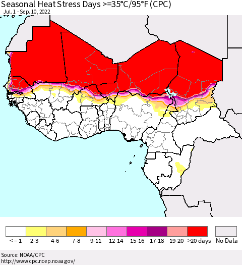 Western Africa Seasonal Heat Stress Days >=35°C/95°F (CPC) Thematic Map For 7/1/2022 - 9/10/2022