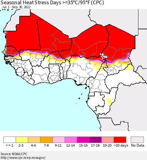 Western Africa Seasonal Heat Stress Days >=35°C/95°F (CPC) Thematic Map For 7/1/2022 - 9/30/2022