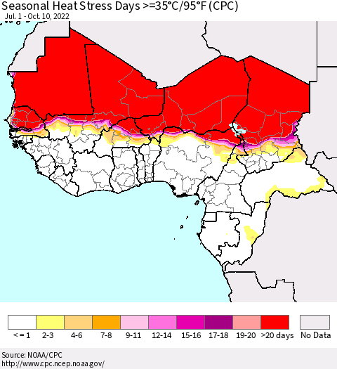 Western Africa Seasonal Heat Stress Days >=35°C/95°F (CPC) Thematic Map For 7/1/2022 - 10/10/2022